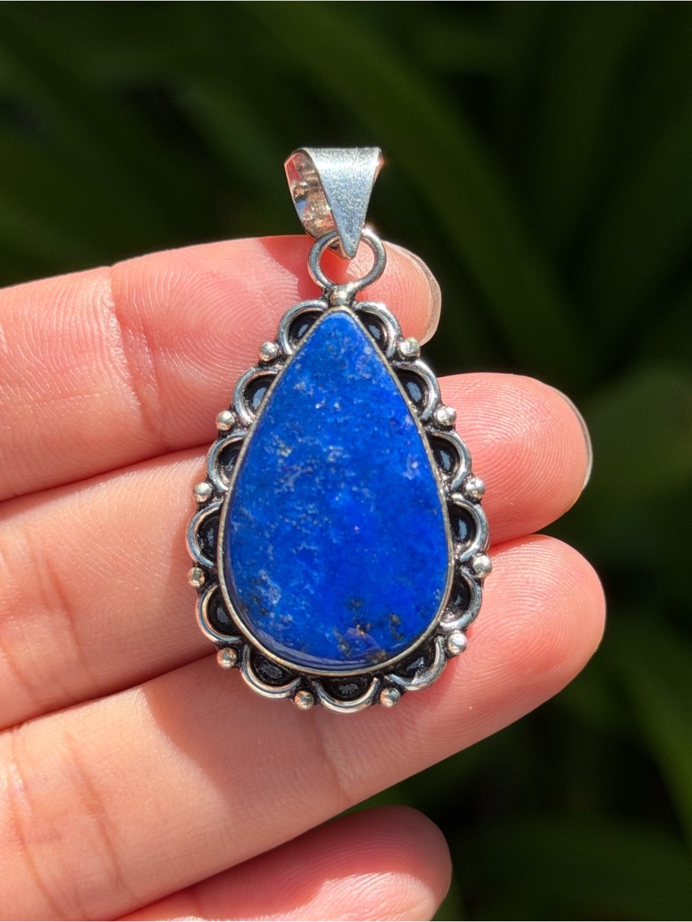 Silver Teardrop Lapis-Style Pendant Necklace - Blue